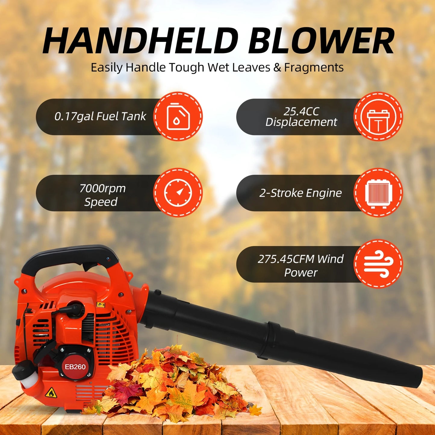 Gas Powered Air Blower 2 Stroke Engine 25.4CC 275.45CFM Air Volume 0.65L Oil Tank Powerful Wind Snow Blower Handheld Leaf Blower