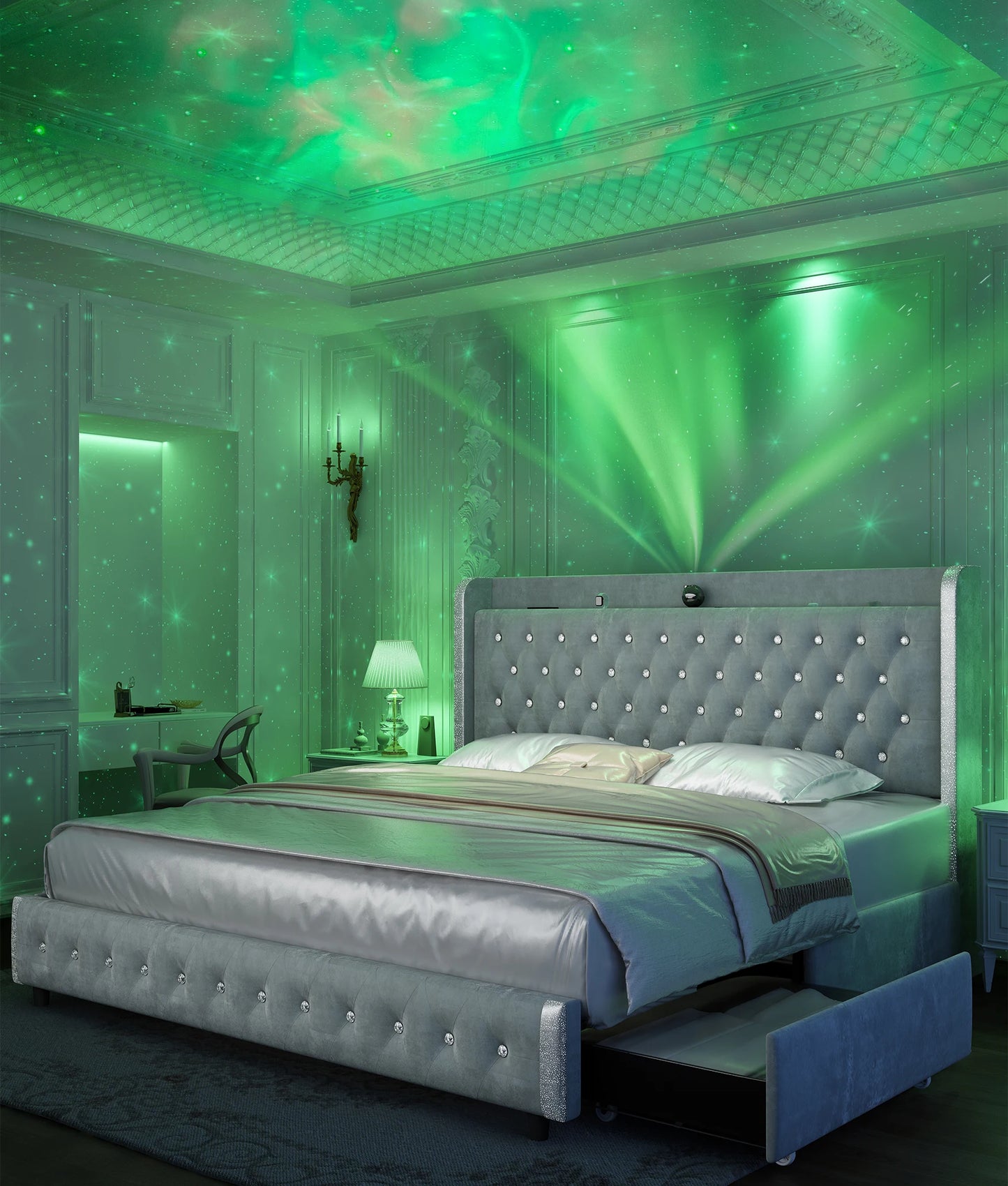 GEGOFORU Queen LED Bed Frame with Galaxy Projector, Bluetooth Speaker, USB Ports, 4 Drawers, No Box Spring Needed, PU Black