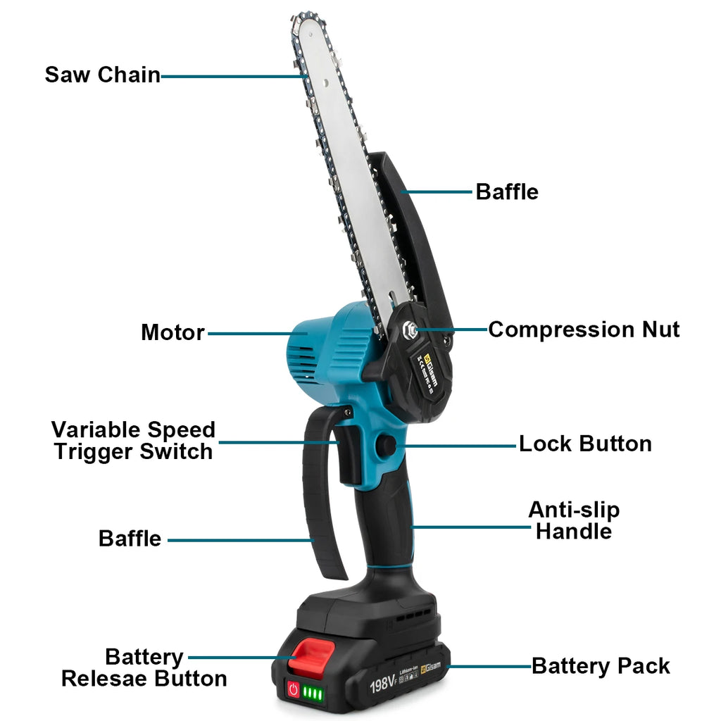 8 Inch Cordless Electric Chain Saw Mini Pruning Saw Rechargeable Chain Saw Woodworking Garden Power Tool for Makita 18V Battery