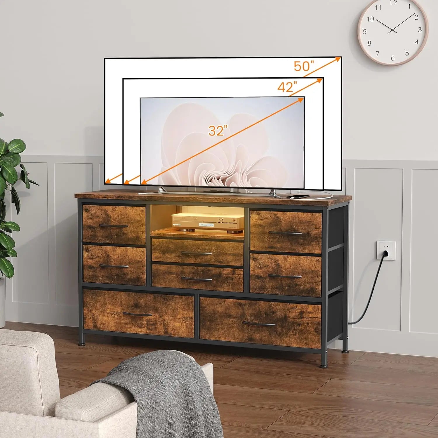 8-Drawer Chest of Drawers Dresser TV Console Furniture with LED light Charging Station, TV Stand Cabinet for Living Room Bedroom