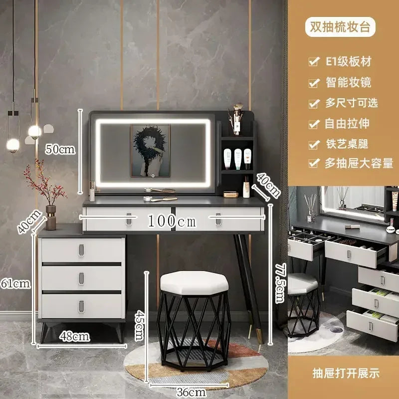 Luxury Dressing Table Comfortable Vanity Makeup Desk LED Large Mirror Drawer for Bedroom Wood Furniture Chest of Drawers Home