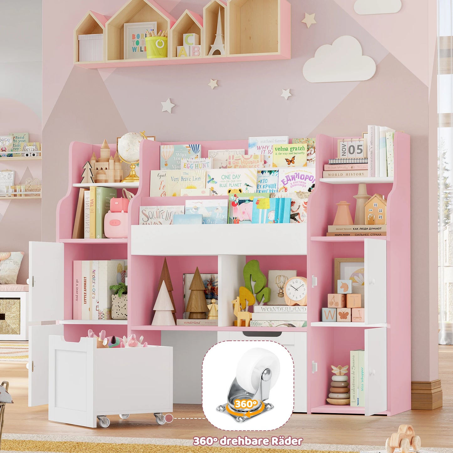 Getone CHILDREN'S room, children's shelf furniture, toys chest, Bookcase, CHILDREN'S wardrobe with 13 shelves 2 doors 2 drawers 122x30x100cm