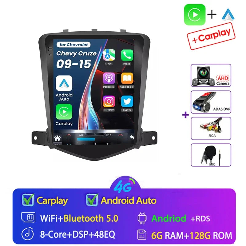 4G+64G Stereo Android 15 For Chevrolet Cruze J300 2008-2014 for Tesla Style Car 4G GPS Navi Player Radio Carplay 2 Din Autoraido
