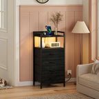 Night Stand with Charging Station, Black Nightstand with Drawers and Led Light, Tall Dresser for Bedroom, Bedside Table