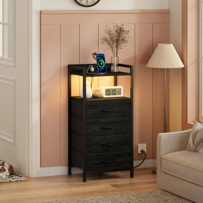Night Stand with Charging Station, Black Nightstand with Drawers and Led Light, Tall Dresser for Bedroom, Bedside Table