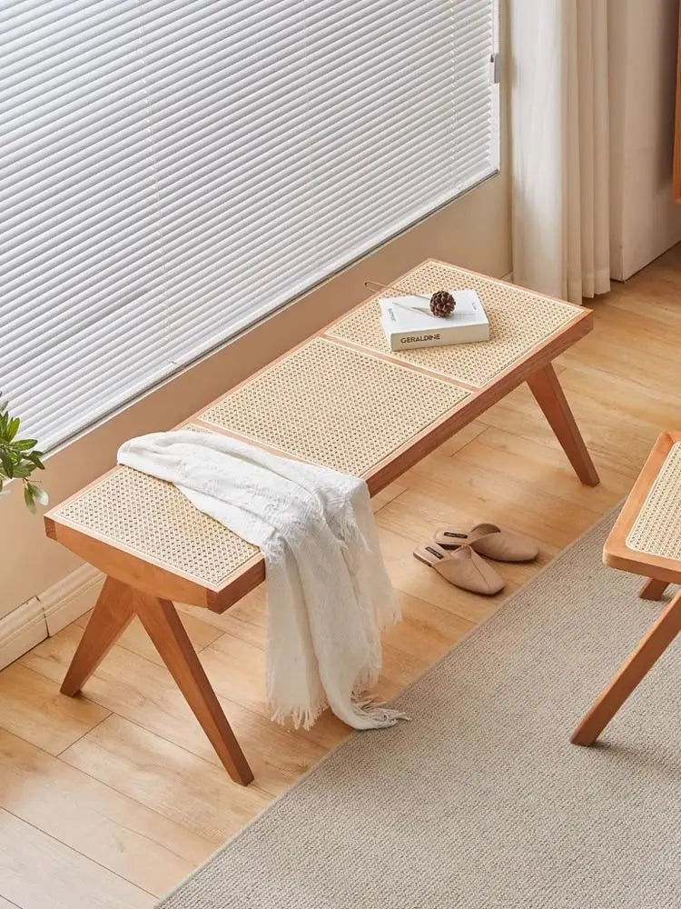 Handmade Rattan Bench with Wabi - Sabi Flair: Solid Wood, Multifunctional for Home & Shoe Storage