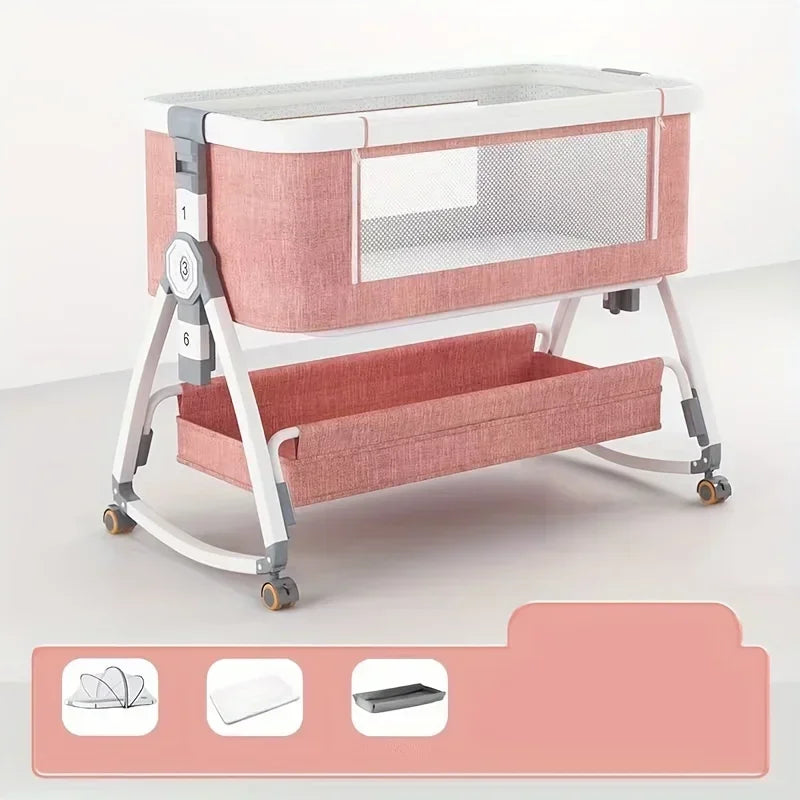 Foldable Baby Crib, Movable Baby Rocking Bed, Spliced Large Bed, Multi