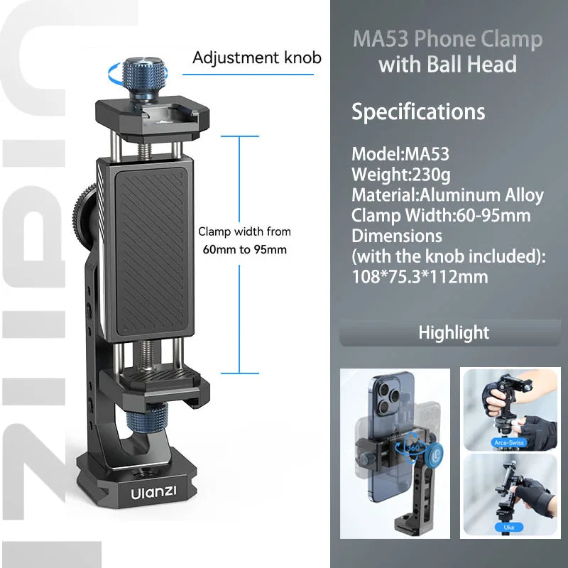 Ulanzi MA53 360 Rotation Metal Phone Holder Tripod Mount Cold Shoe Uka Arca Mount Clip Clamp with 60-95mm Width for Living Vlog