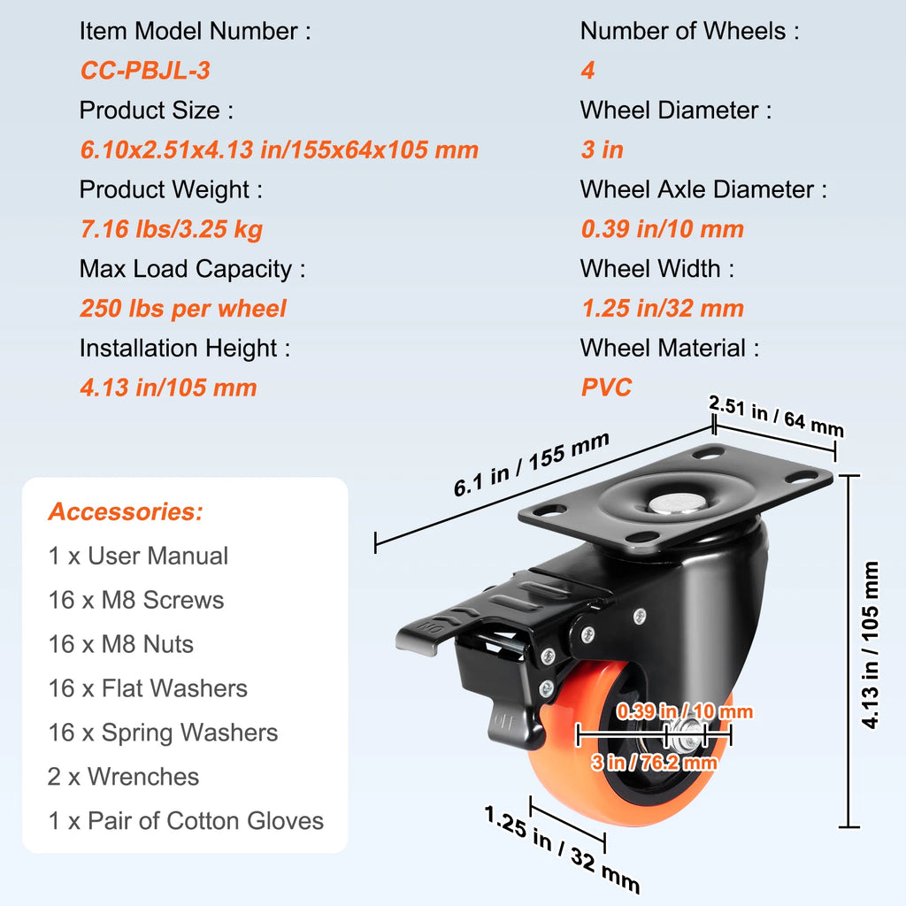 VEVOR 2/3/4/5/6-inch Swivel Plate Casters Set of 4 with Security Dual Locking PVC Caster Wheels for Cart Furniture Workbench