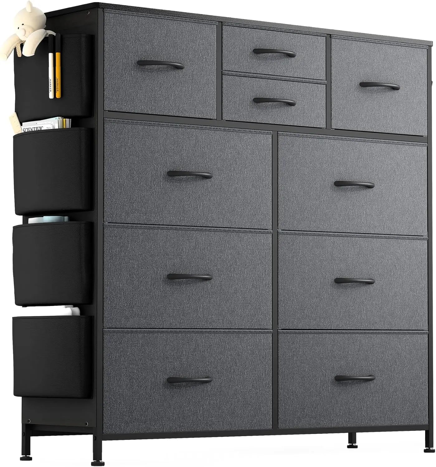 Dresser for Bedroom Chest of Drawers with Side Pockets and Hooks, Fabric Storage Organizer Unit for Living Room, Hallway, Closet