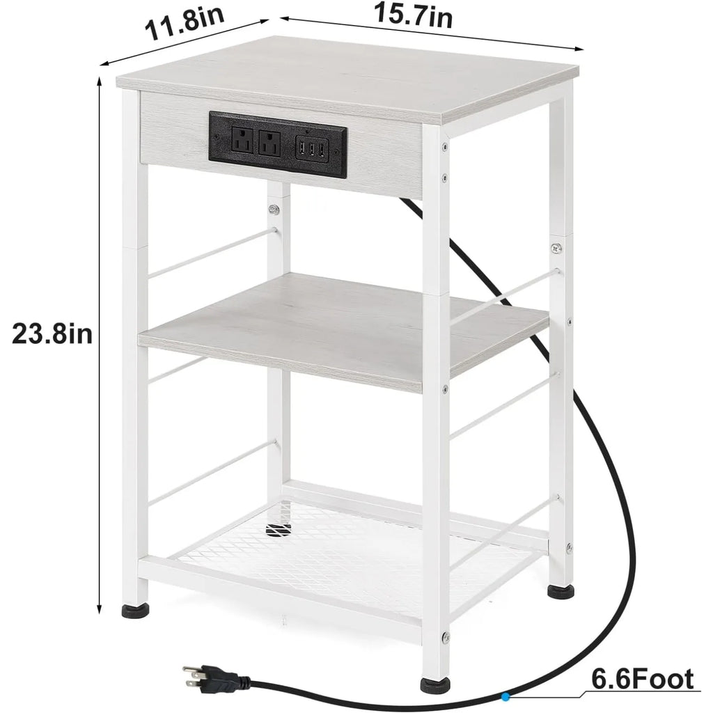 3-Tier Charging Nightstand w/3 USB & Outlets - Bedside Table with Storage Shelf for Bedroom/Dorm/Office, White