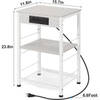 3-Tier Charging Nightstand w/3 USB & Outlets - Bedside Table with Storage Shelf for Bedroom/Dorm/Office, White