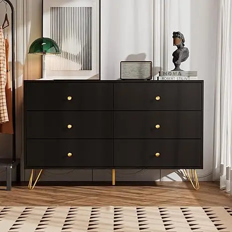 Black Dresser for Bedroom, Modern 7 Drawer Dresser with Gold Handles and Metal Legs, Black and Gold Dressers & Chest of Drawers