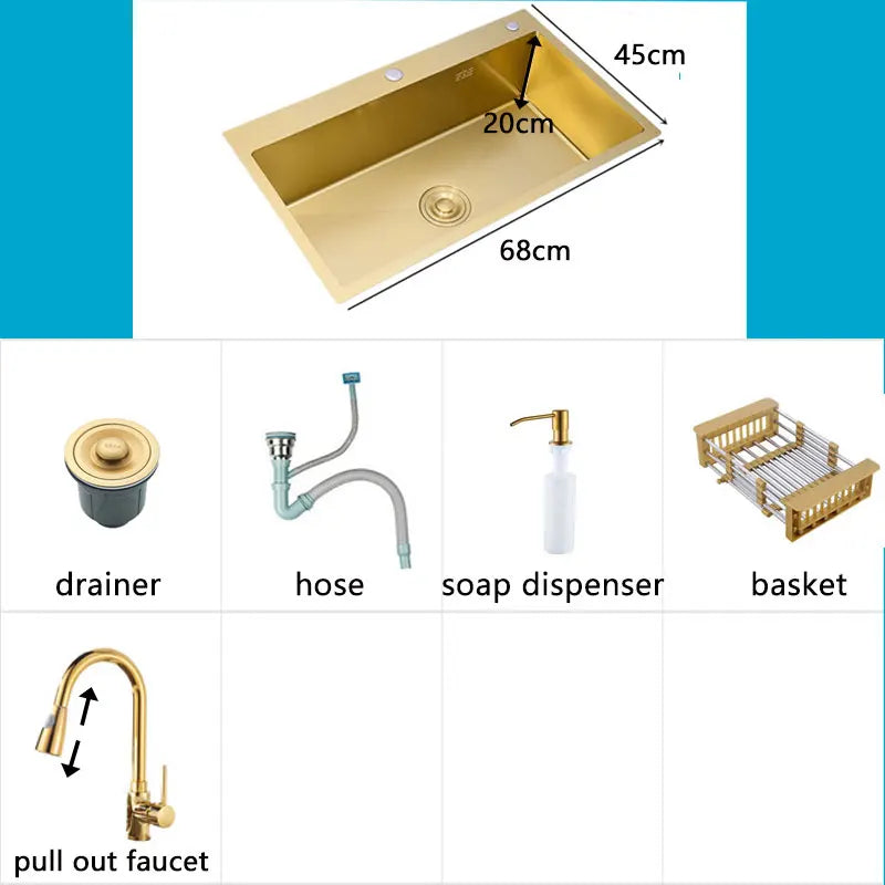 Gold Kitchen Sink Above Counter 304 Stainless Steel Single Bowl Goldn Basket Drainer Soap Dispenser Washing Basin