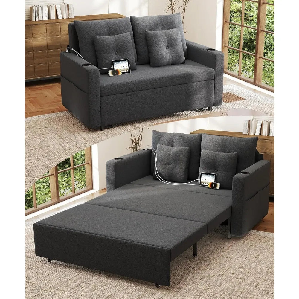 3-in-1 56" Convertible Sofa Bed: Loveseat Sleeper with Cup Holders, USB – Living Room, Bedroom, Apartment