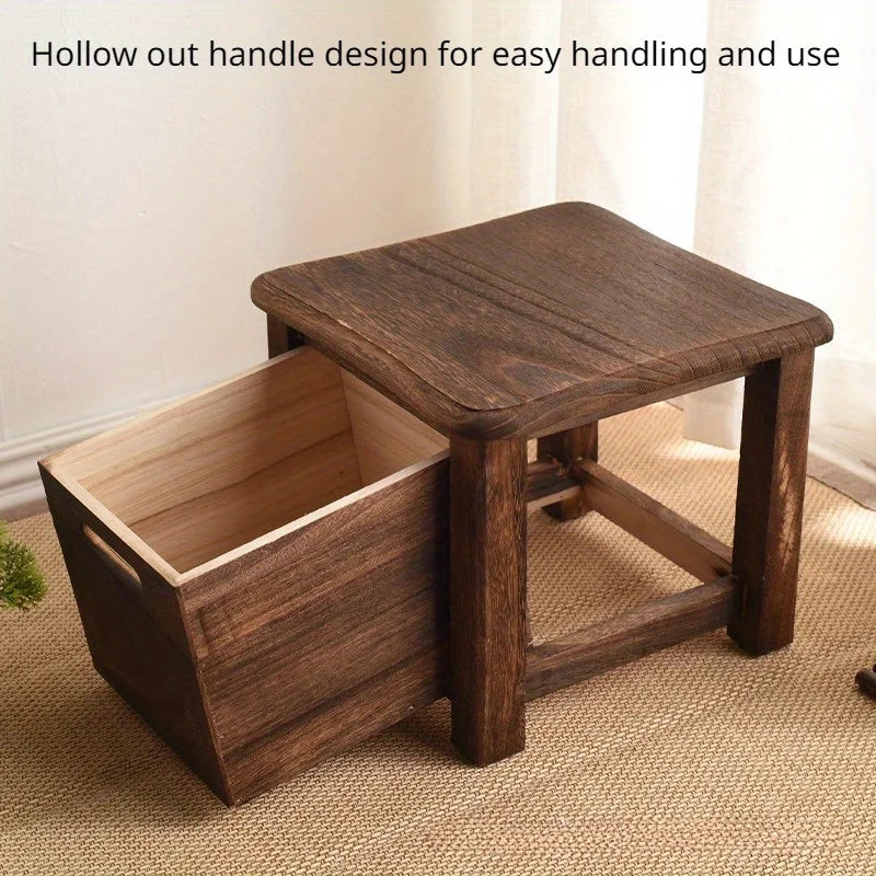 Dark Brown Wooden Shoe Changing Stool with Storage - Armless, Non-Padded, Classic