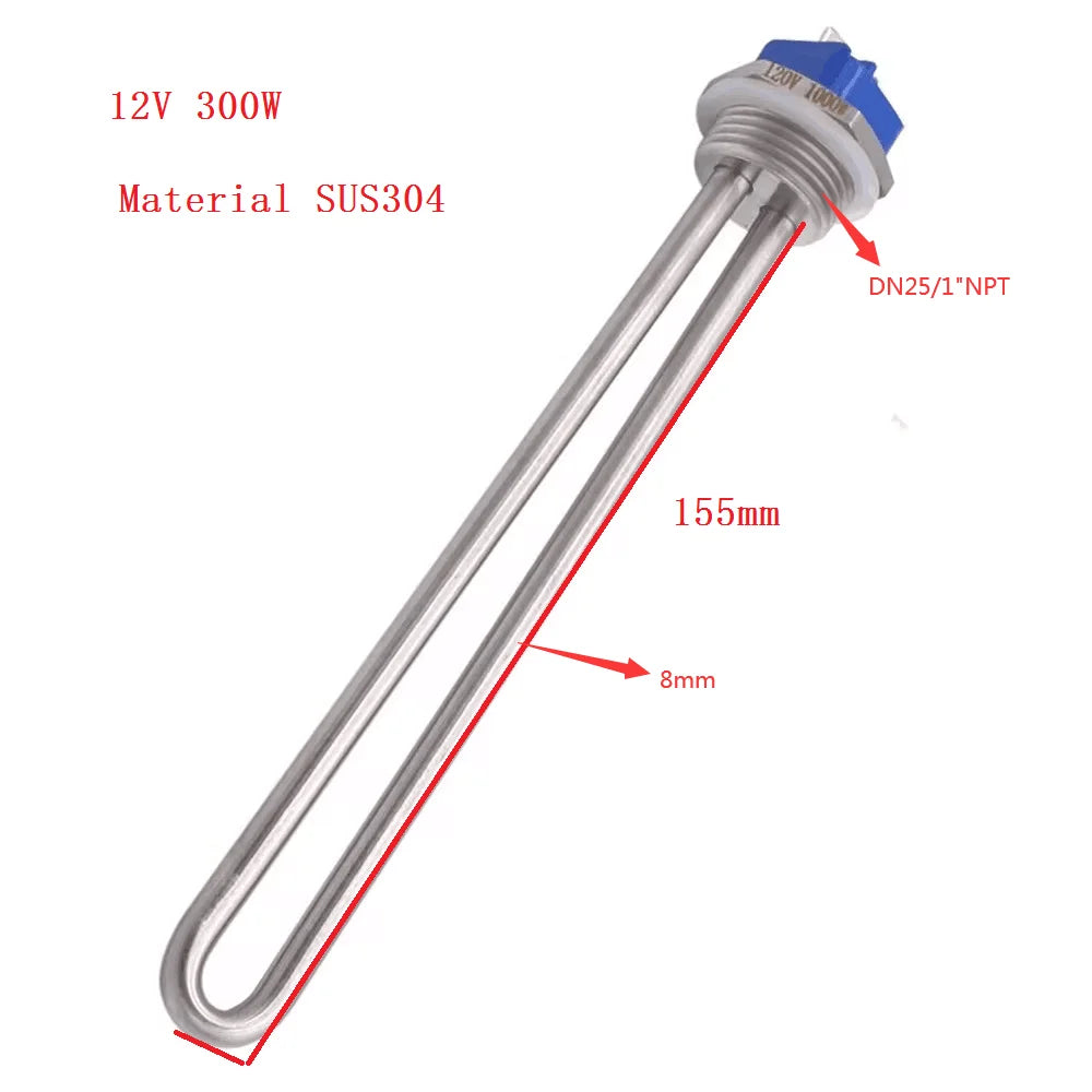 12V/24V DC Immersion Water Heater Submersible Heating Element with 1 Inch NPT Thread  Tubular Heater 150W/300W /600W SUS304