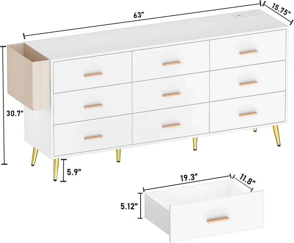 9 Drawer Dresser for Bedroom, 63” Long Dresser with Charging Station, Modern Chest of Wide Drawers ， White