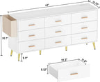 9 Drawer Dresser for Bedroom, 63” Long Dresser with Charging Station, Modern Chest of Wide Drawers ， White