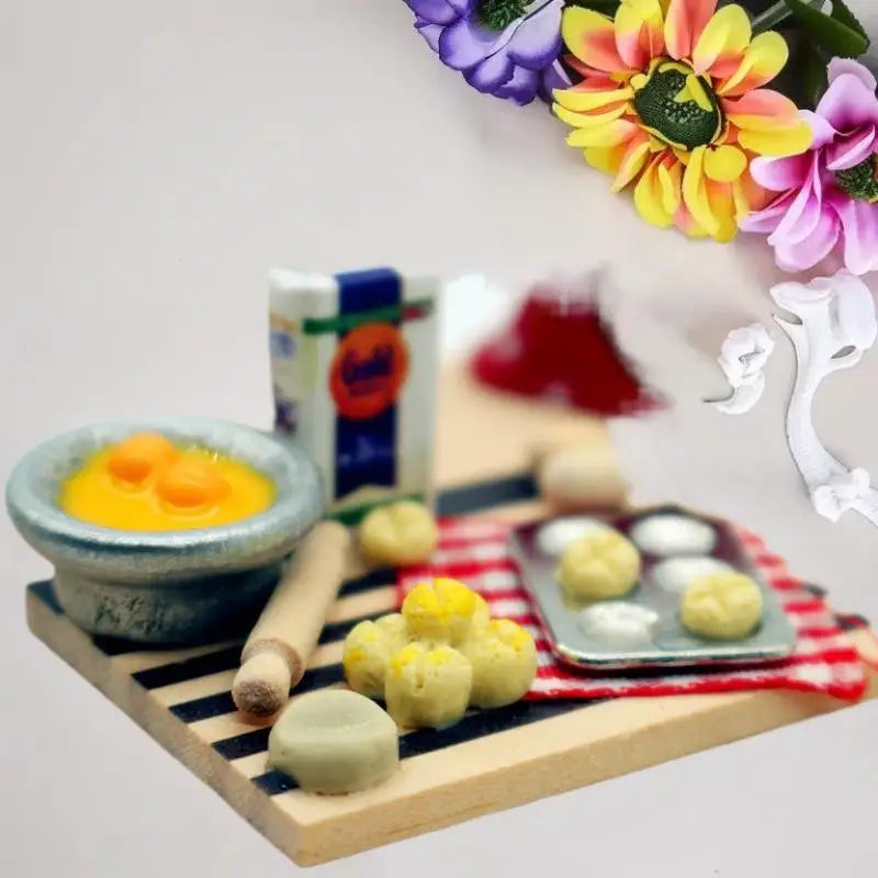 Kids' Dollhouse Pastry Making Station; Toy Egg, Milk, Bread, and Cutting Board; Mini Kitchen Model for Pretend Play