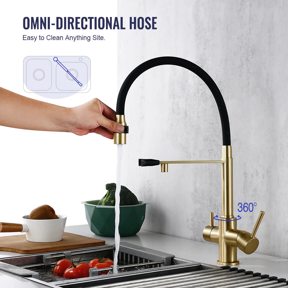 Brushed Gold Kitchen Faucet Filter 360 Swivel Pure Water Tap for 3 Ways Kitchen Pull Out Purification Water Mixer Double Handle
