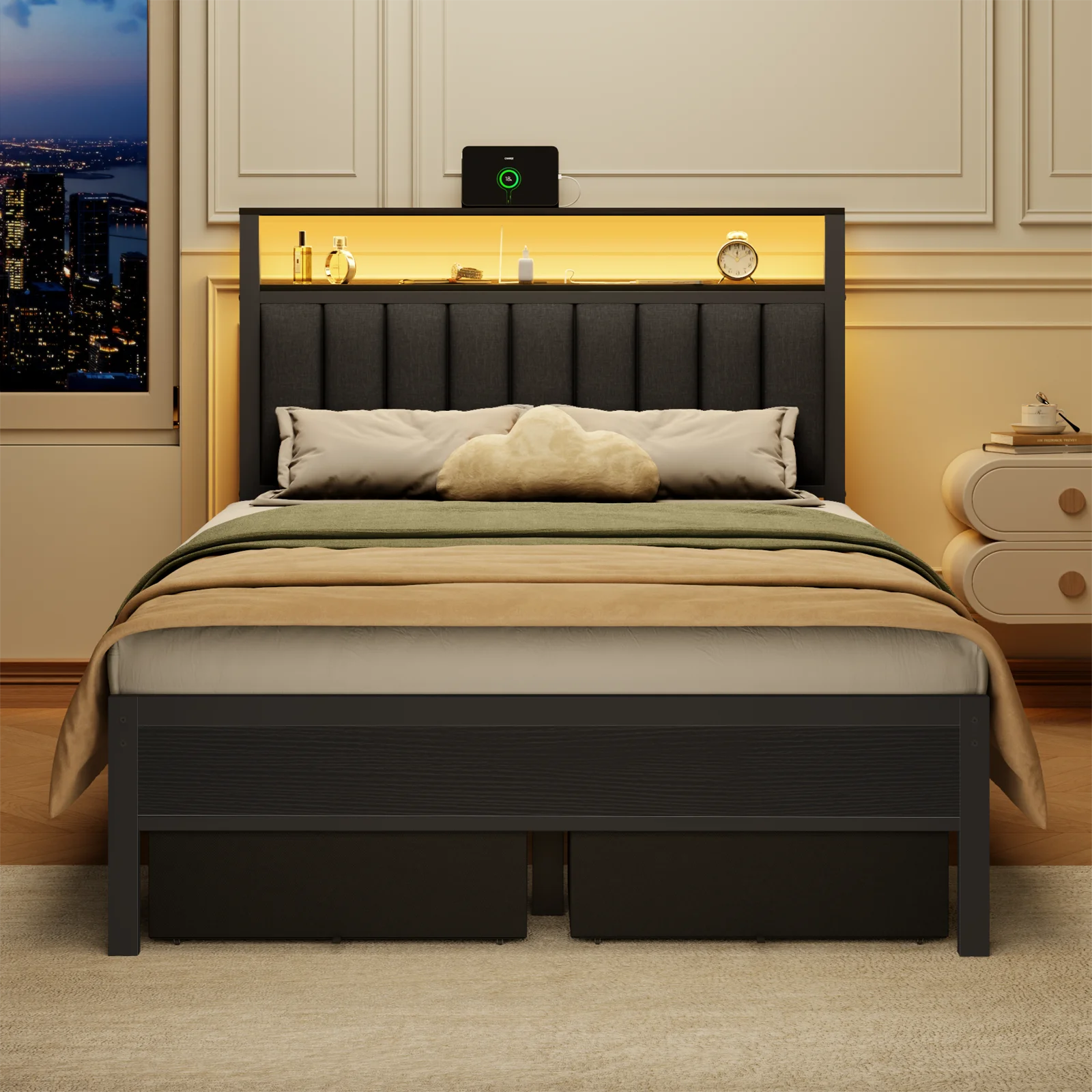 Satifur Full Bed Frames with Charging Station,LED Lights,2 Storage,Grey Upholstered Headboard with Shelves, Metal Platform Bed