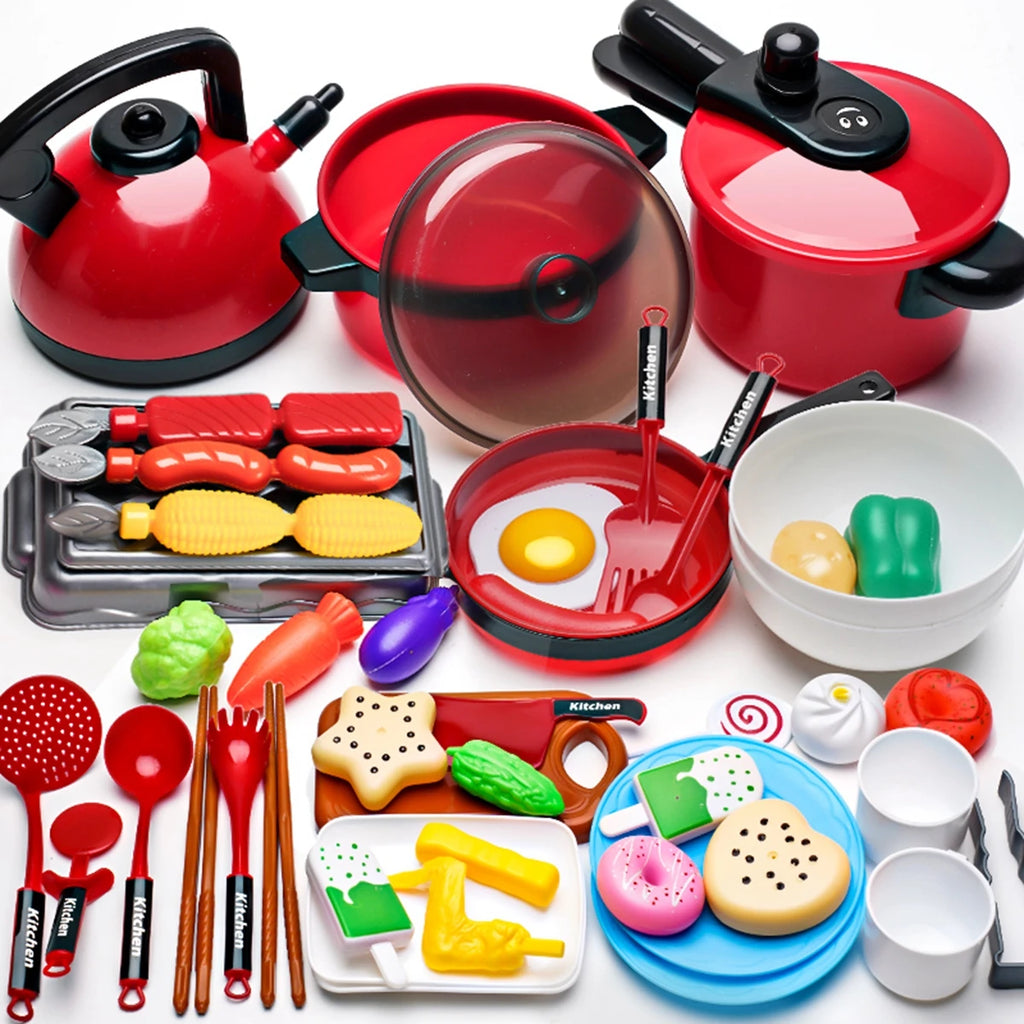 Children's Simulation High-Detail Red Cooking Kitchen Utensils, Home School Use Chef Pretend Play Set Suitable for 3 4 5 6 Years