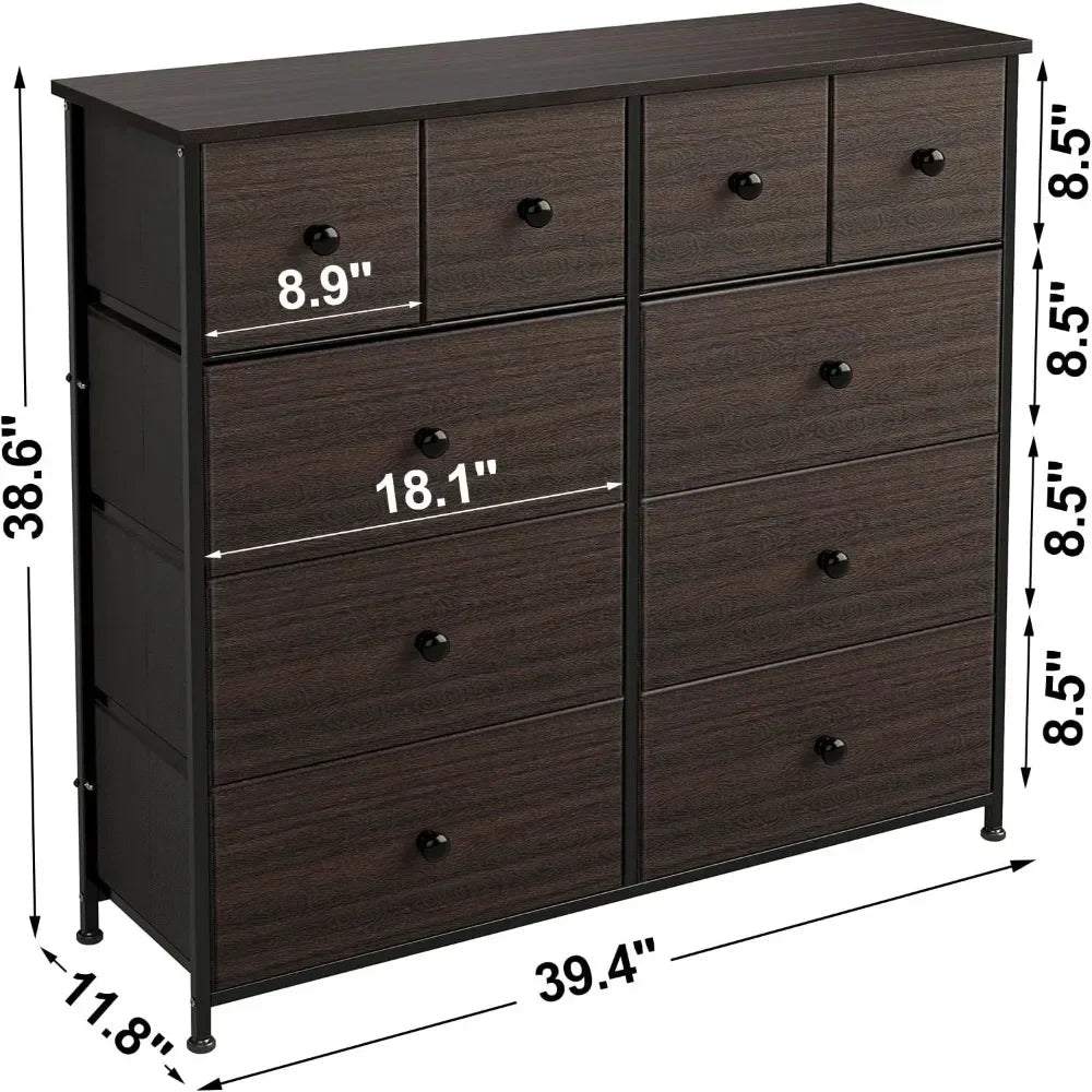 10 Drawer Dresser for Bedroom Faux Leather Chest of Drawers Fabric Dresser with Wooden Top Storage Organizer Unit