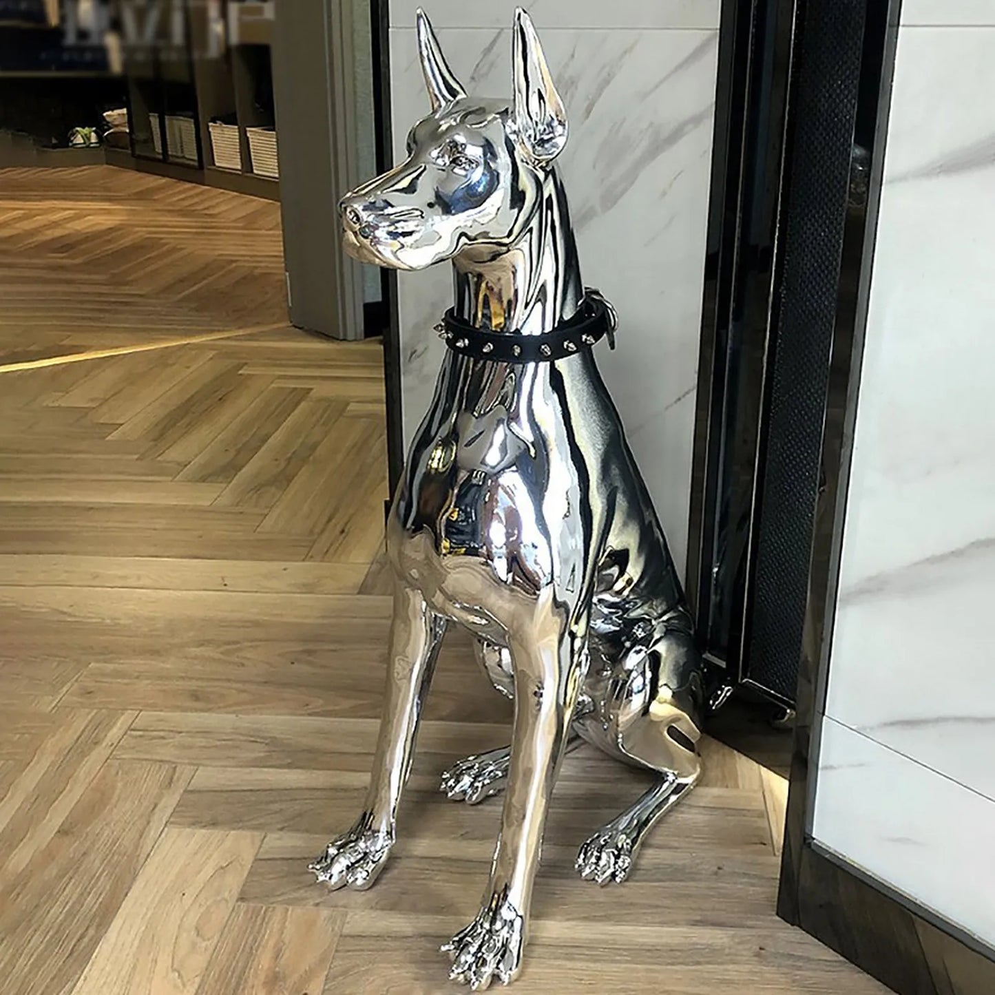 Home Decor Watchdog Chrome Sculpture Doberman Dog Small Size Art Animal Statues Figurine Room Garden Doorway