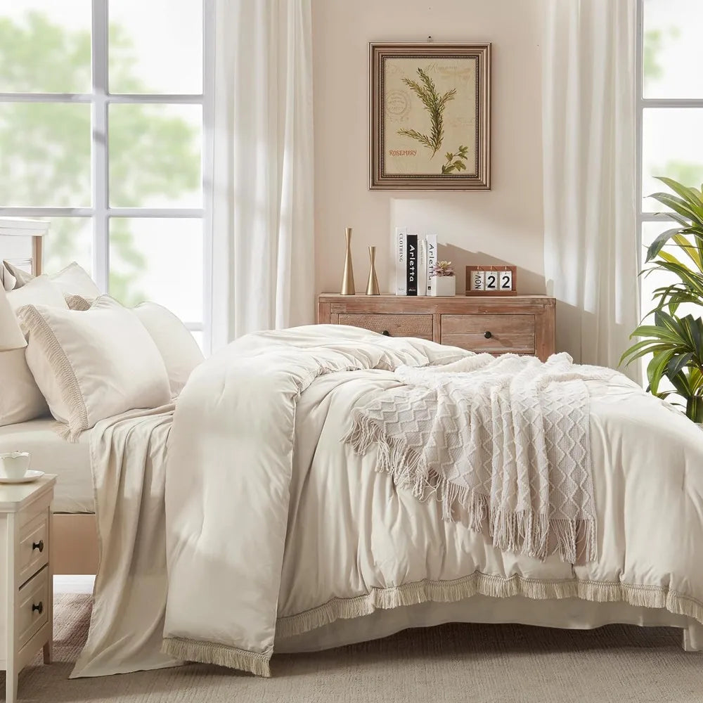 Comforter Set King Size, with Sheets 7 Pieces Boho Tassel Bed in a Bag Soft Lightweight Bedding Sets, All Season Fringe Bed Set