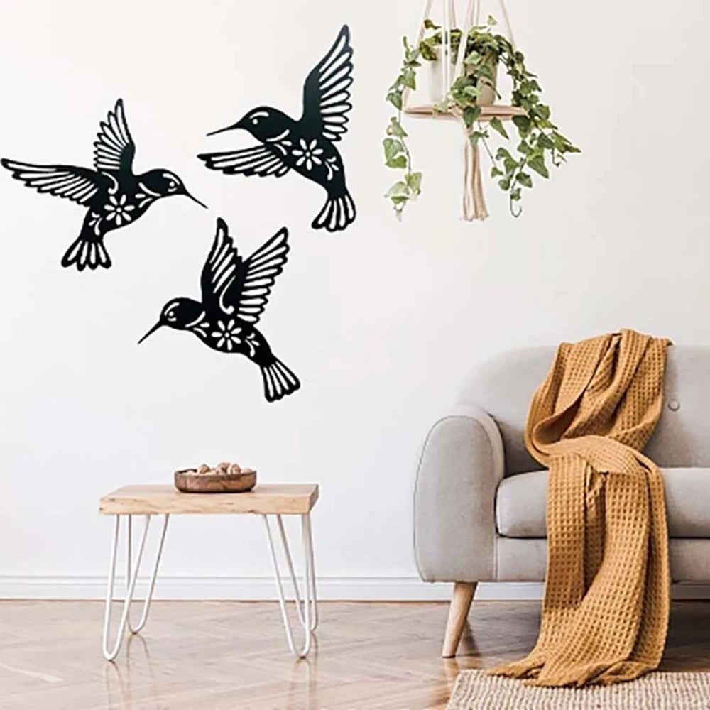 DDPNKL 3Pcs/Set Black Metal Hummingbird Wall Decor Hollow Out Iron Art Bird Sculpture Ornament Waterproof Hanging Figurines