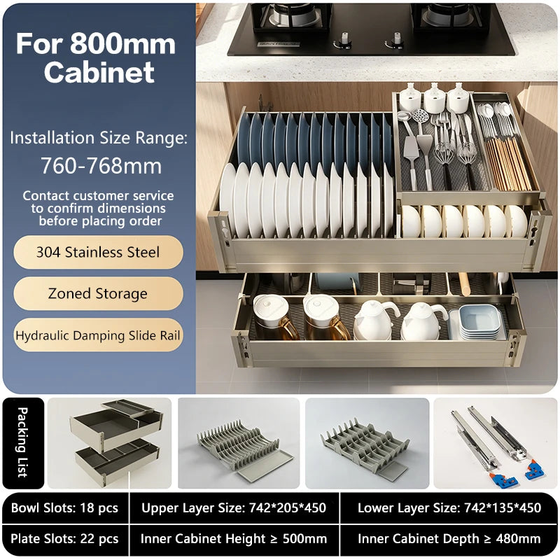 304 Stainless Steel 3 Tier Kitchen Cabinet Pull Out Drawer Bowl Plate Rack With Inner Drawer Storage Organizer For Pots Pans
