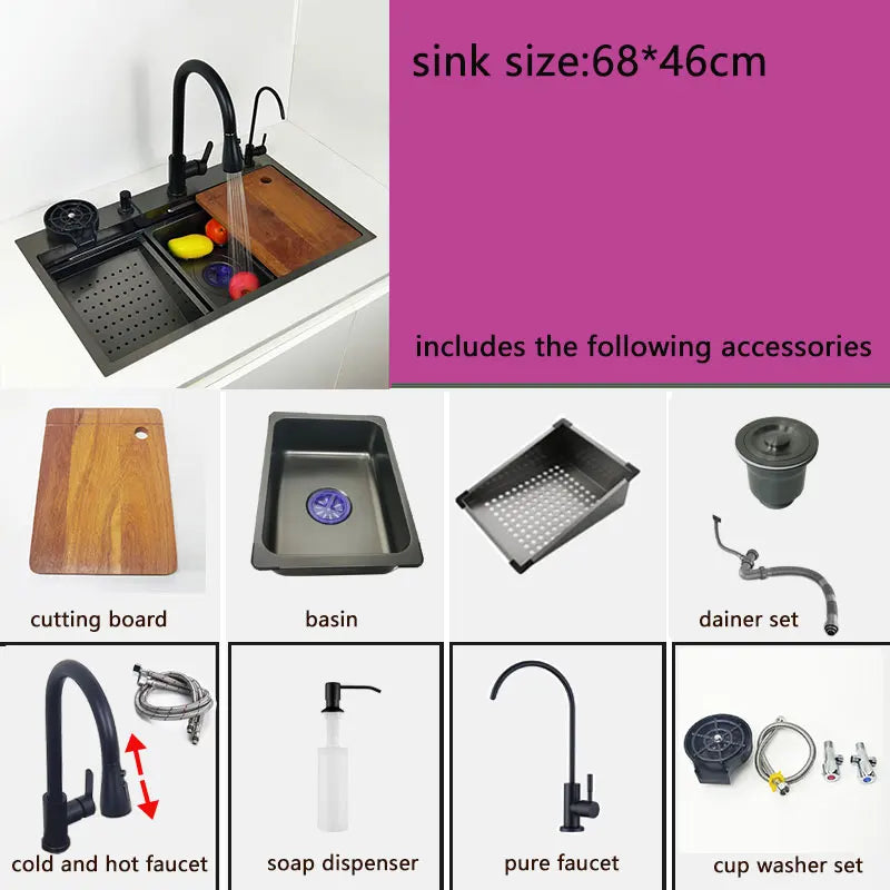 kitchen sink waterfall faucet honeycomb anti-scratch nano technology left drain Stainless Steel sinks 4 function kitchen faucet