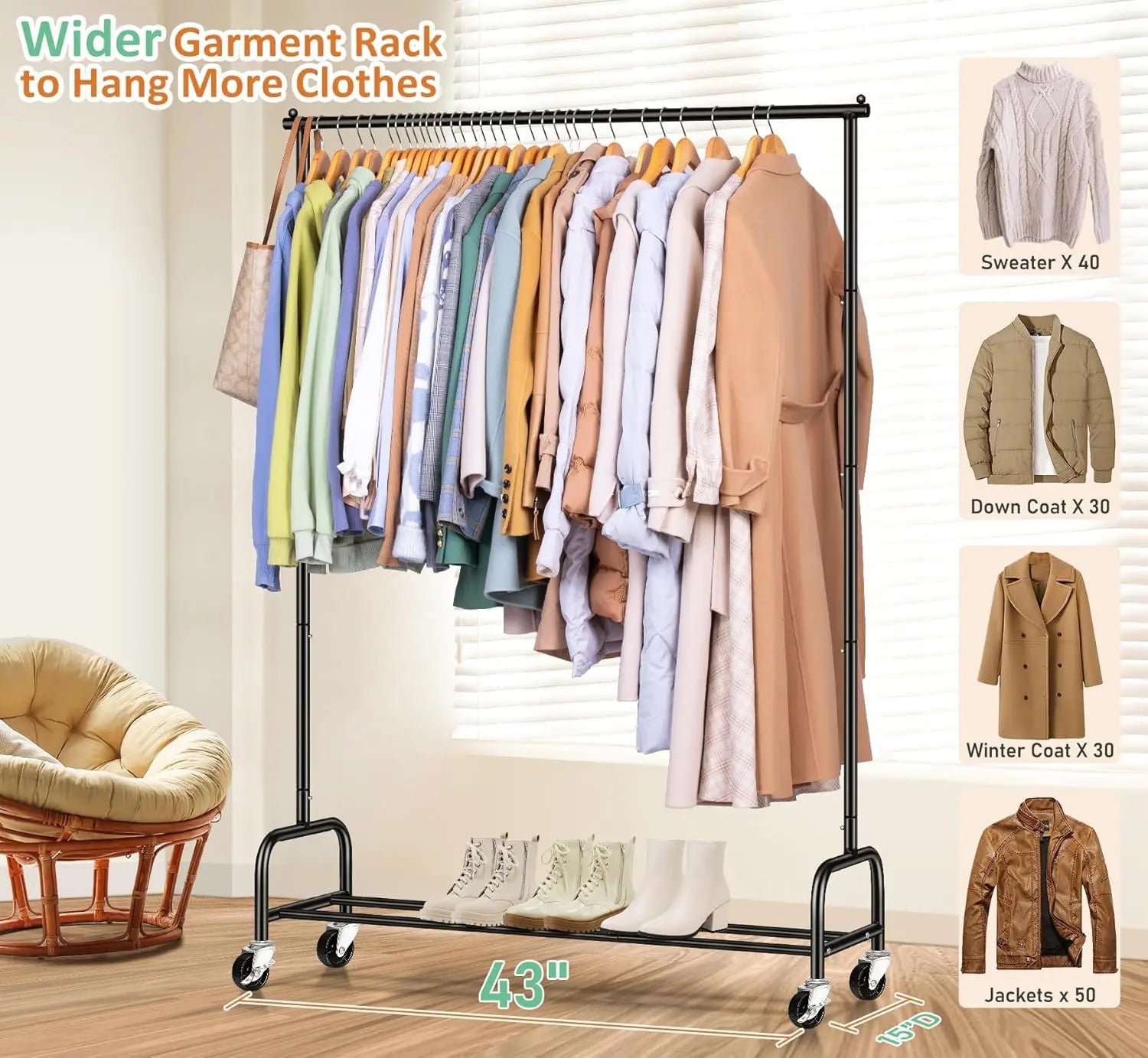 Heavy Duty Clothing Racks for Hanging Clothes Rack,43" Wide Rolling Garment Rack Metal Clothing Hanger Rack Wheels Wardrobe Rack