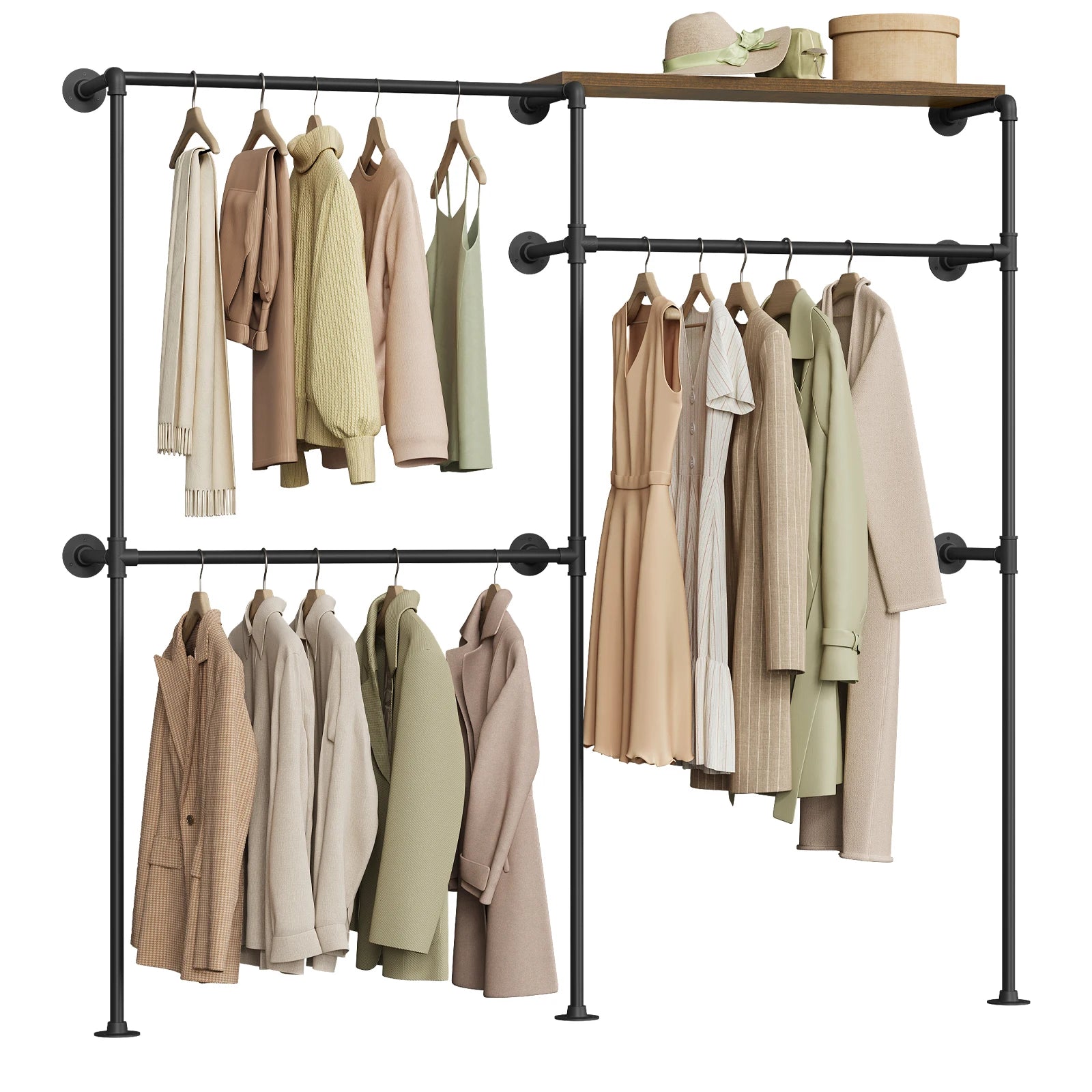 WOLTU Wall Mounted Open Wardrobe with 1&5 MDF Shelves Steel Tube Clothes Rail Industrial Style Coat Rack for Cloakroom Bedroom