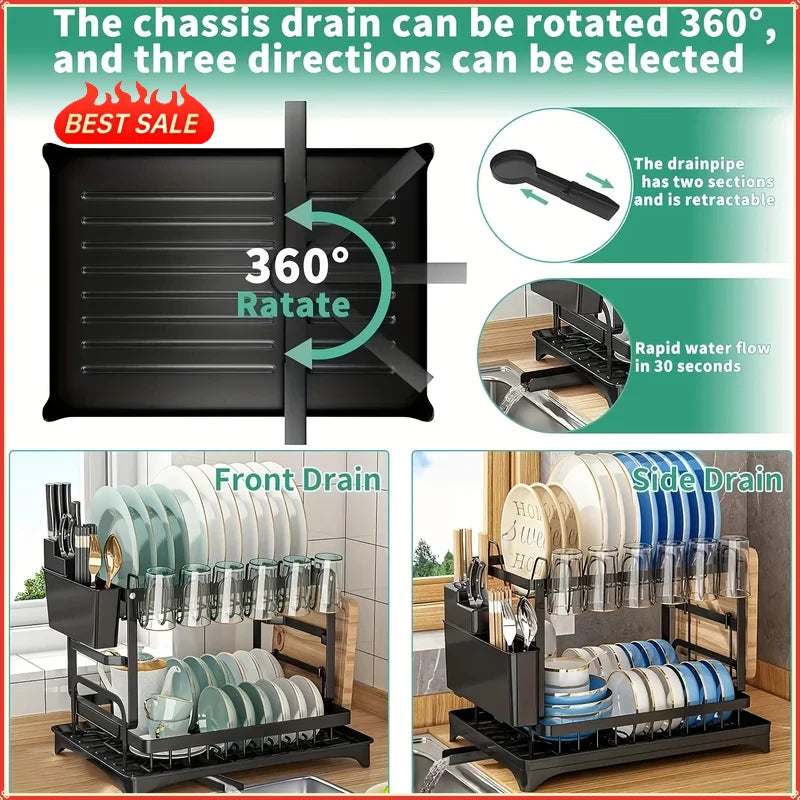 Large-Capacity Double-Layer Kitchen Storage Rack with Drainage, Lockable Metal Tableware Stand for Bowls, Kitchen Organizers