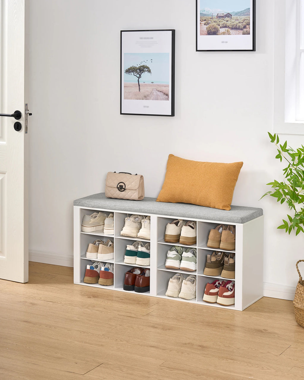 Shoe Bench with Cushion, Entryway Storage Bench with 12 Cubbies, Cubby Shoe Rack with Adjustable Shelves, Shoe Organizer Cabinet