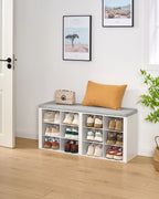 Shoe Bench with Cushion, Entryway Storage Bench with 12 Cubbies, Cubby Shoe Rack with Adjustable Shelves, Shoe Organizer Cabinet