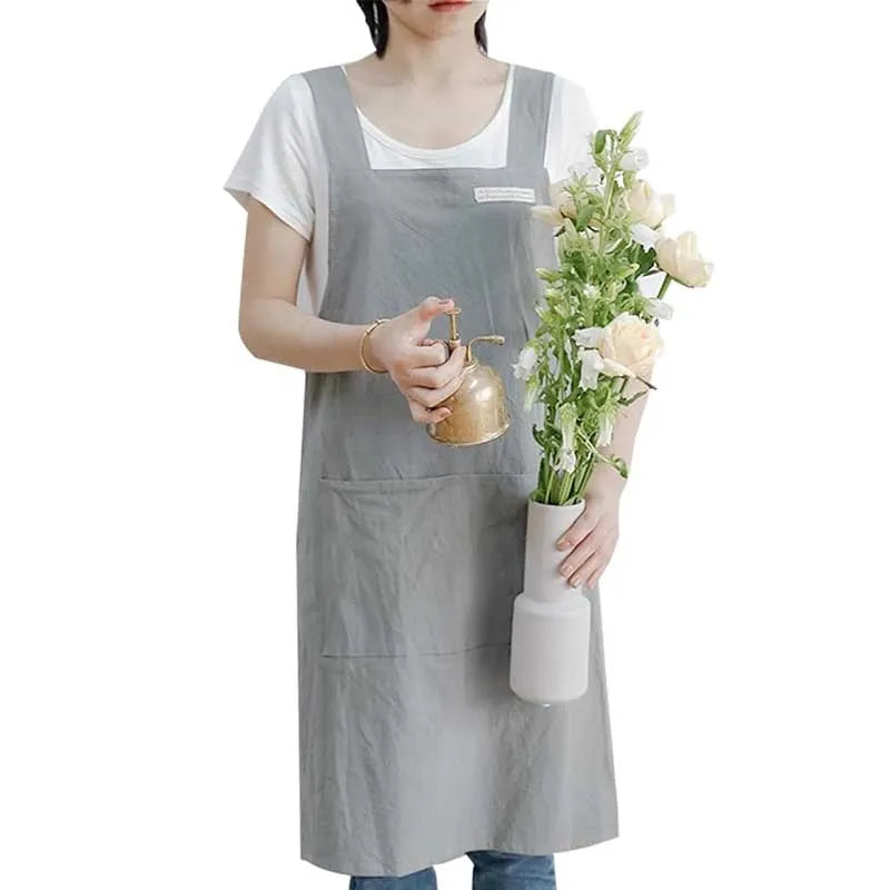 Stain-resistant Cotton Linen Cross-back Kitchen Apron With Pocket Plain Women's Pinafore For Cooking Cleaning Gardening Baking