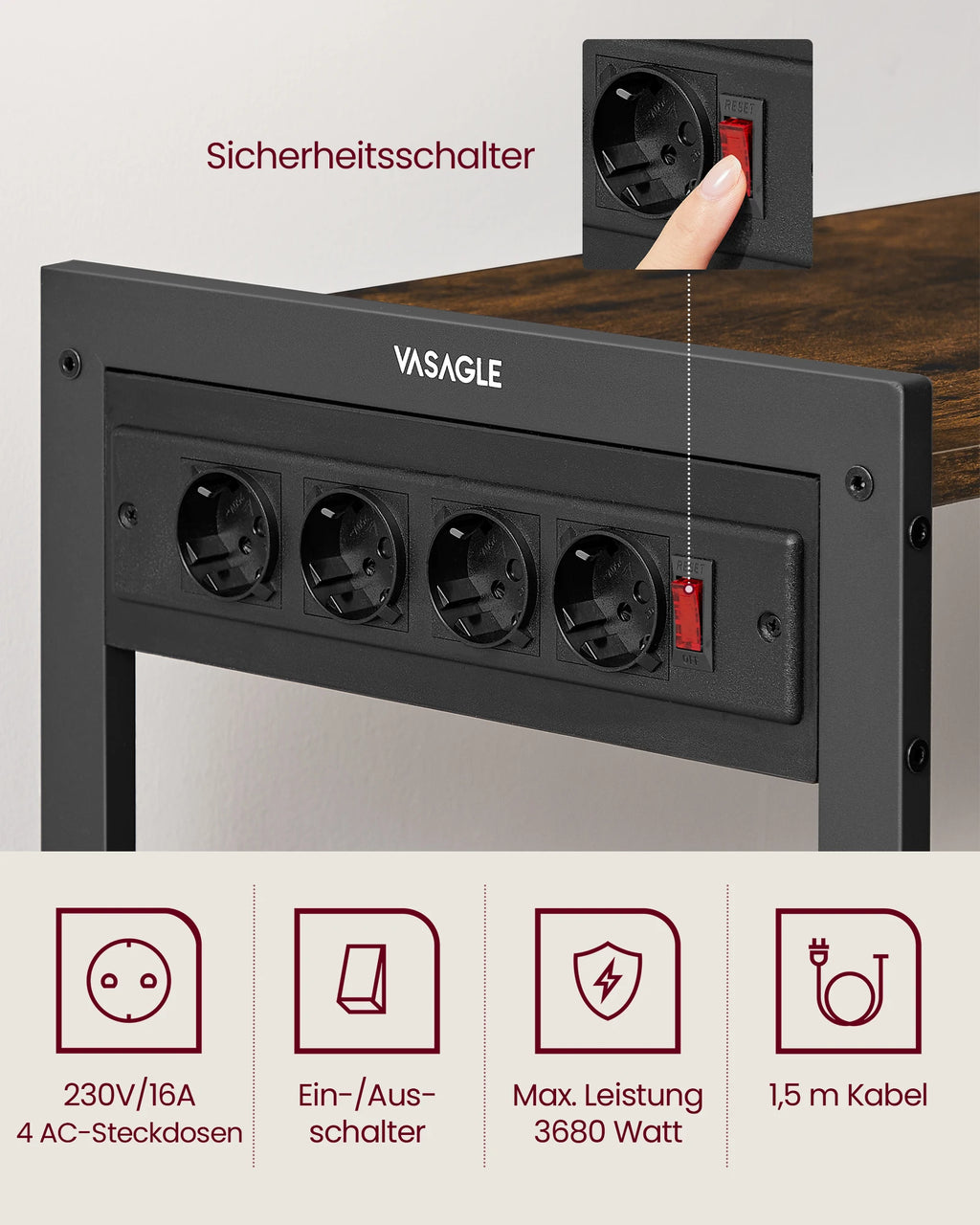 VASAGLE Kitchen Rack with sockets, 2 Metal Baskets, Microwave Shelf, 35x80x93.5 cm Industrial Design