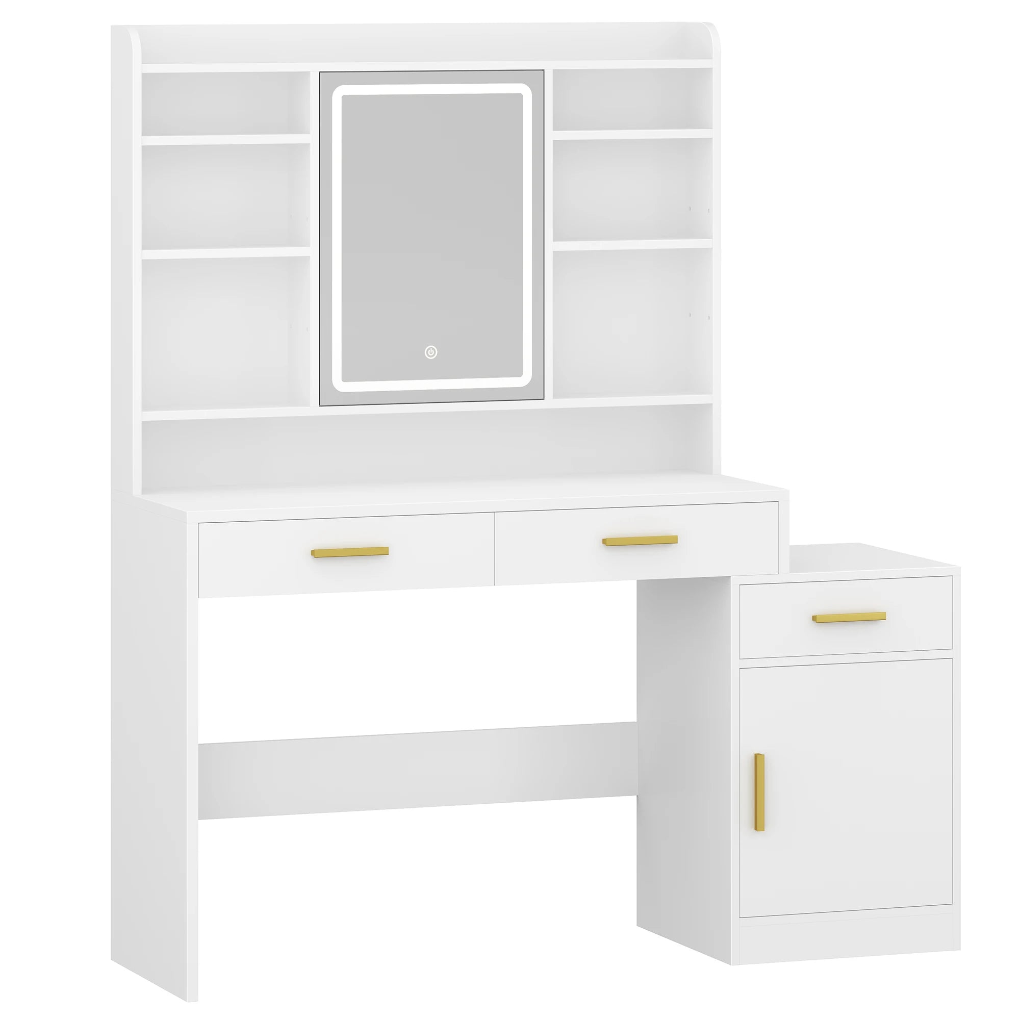 Dressing Table, Large Table Top with Mirror, 3 Drawers and 1 Cabinet, Open Multi-Level Shelves, for Bedroom, Wardrobe, White