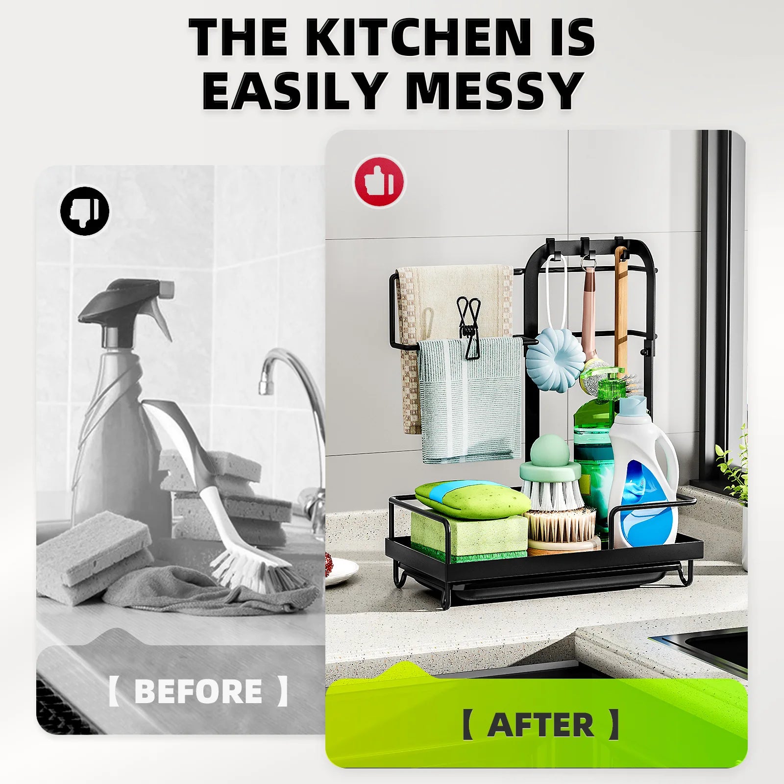 Kitchen Dish Rack With Drain Rack And Storage Shelf Countertop Sink Towel Holder Rod-Attached Dish Rack Storage Cages