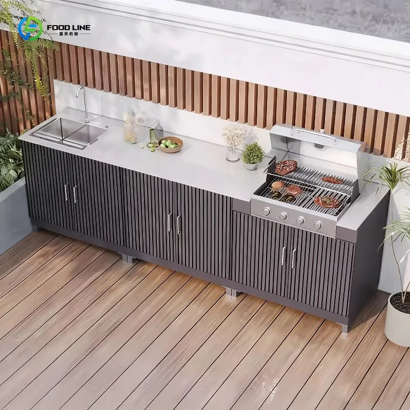 Custom Modern Stainless Steel Folding Camping Outdoor Kitchen All-in-One Prep Station With Sink and Built-in BBQ Grill Oven