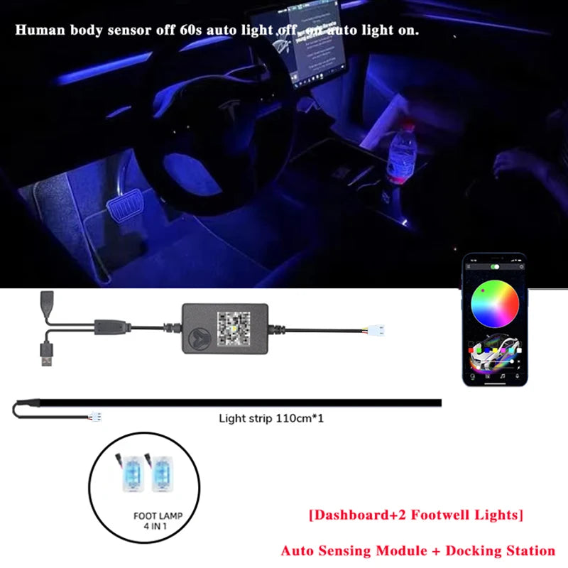 Car Ambient Light 60 Seconds Automatic OFF Module With USB Expansion Dock RGB APP Dashboard Lighting For Tesla Model 3 Y S X