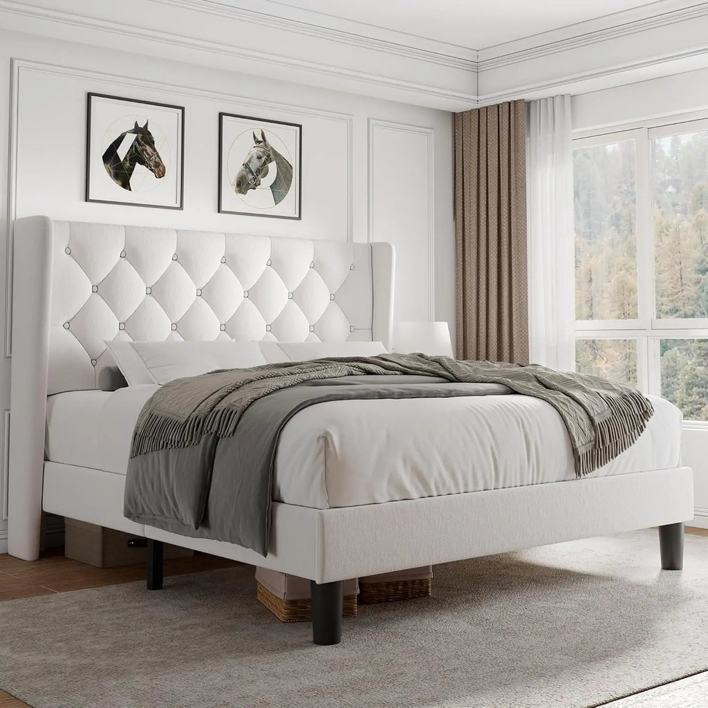 Velvet Platform Bed Frame with Button Tufted Headboard, Upholstered Bed Frame with Solid Wooden Slats, 8" Underbed Space
