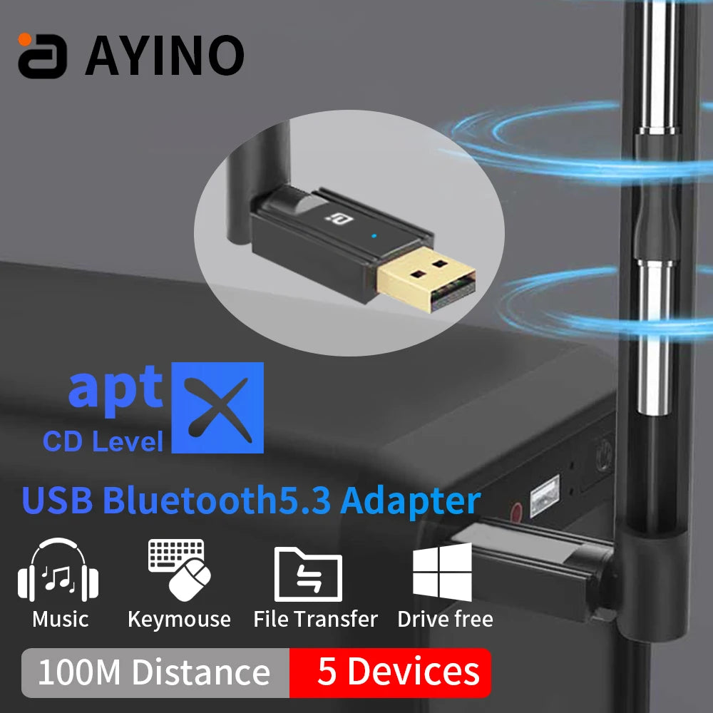 AYINO 100M USB Bluetooth 5.3 Dongle Adapter aptX for PC Wireless Speaker Printer Mouse Keyboard Audio Receiver Transmitter