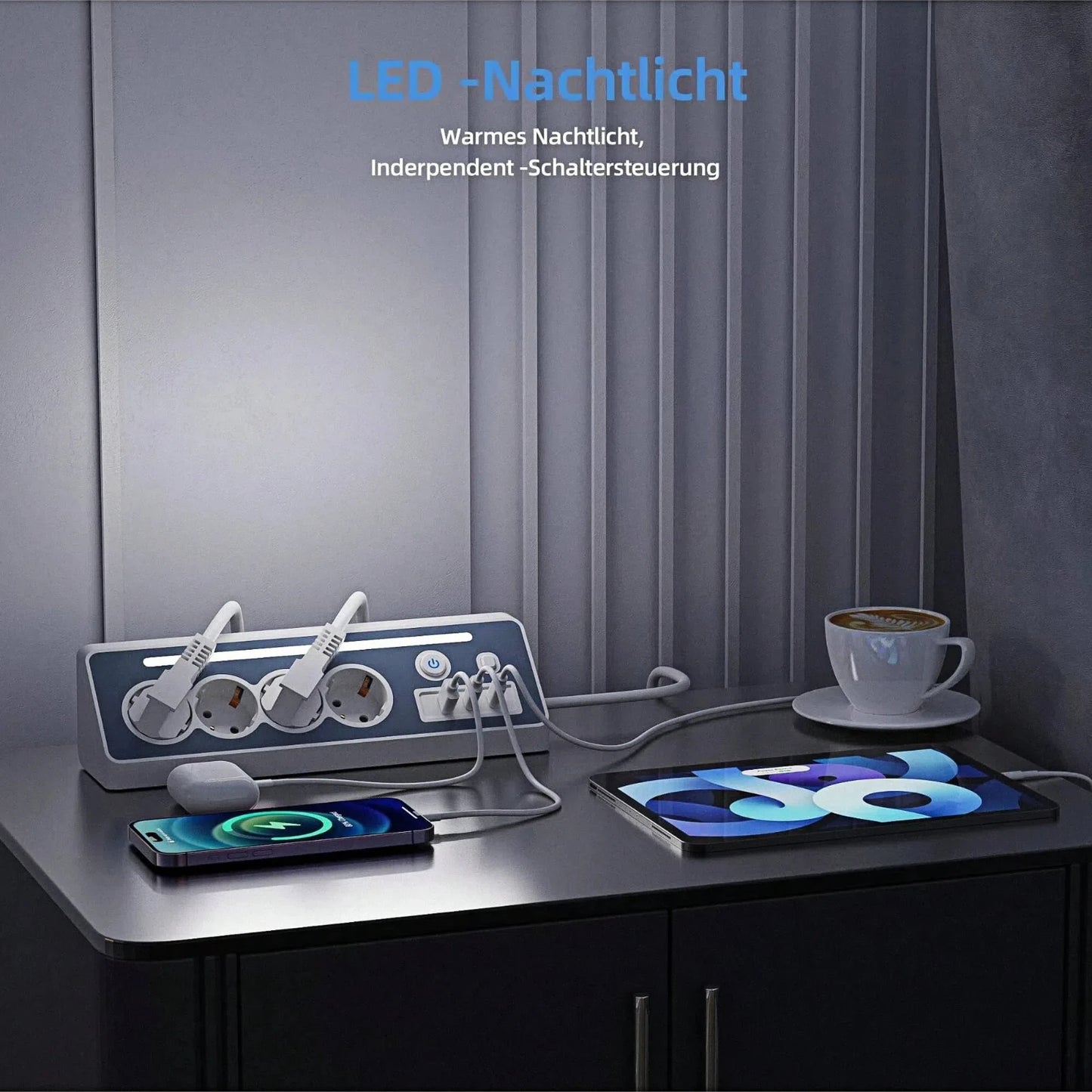 7-in-1 wall-mounted socket with night light, USB-A/C fast charging, 1.5-meter extension cable suitable for home bedrooms