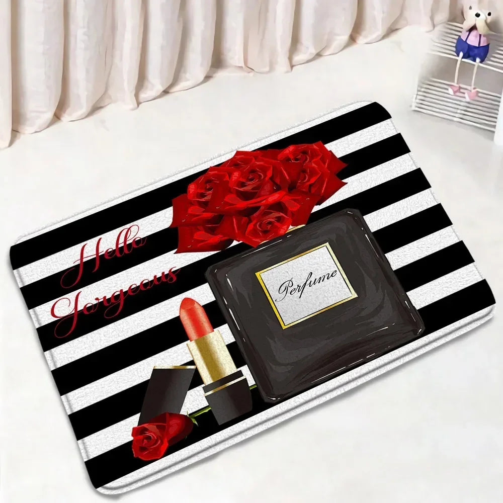 Fashion Perfume Shower Curtain Set Pink Rose Flower Modern Woman Girl Home Bathroom Decor Non Slip Rug Bath Mat Toilet Lid Cover