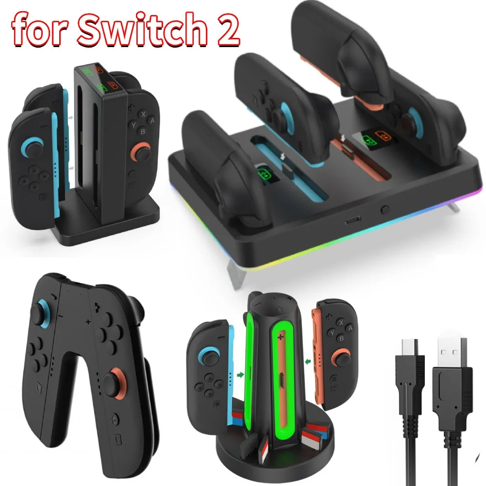 Charging Grip for Switch 2 Joy-Con Accessory Portable Charger Dock with USB-C Cable Charger Indicator Handle Bracket Stand ﻿