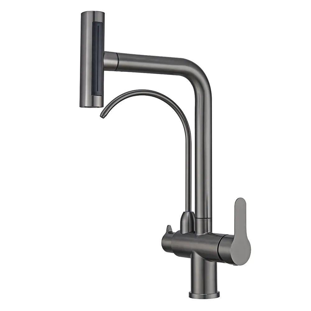 Waterfall Faucet Multi-functional 4 Mode pure Hot Cold Water Kitchen Faucet Sprayer Sink Wash Tap 360° Rotation gun gray Brushed